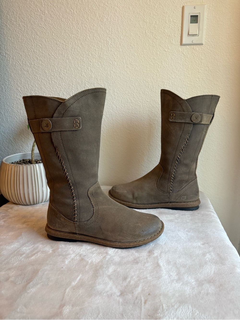 Born Olive-Taupe Suede Mid-Calf Heeled Boots